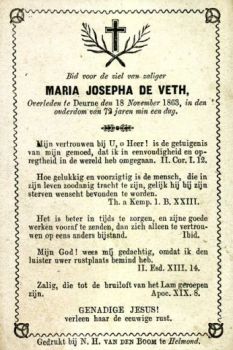 Bidprentje van Maria Josepha de Veth (1791-1863), dochter van Joannes de Veth en Joanna Maria Goossens.