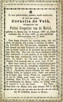Bidprentje van Cornelia de Veth (1800-1885), dochter van Petrus de Veth en Joanna Maria Goossens.