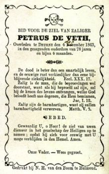 Bidprentje van Petrus de Veth (1785-1863), zoon van Joannes de Veth en Joanna Maria Goossens.
