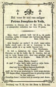 Bidprentje van Petrus de Veth (1794-1872), zoon van Josephus Judocus de Veth en Anna Christina van den Boomen.